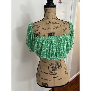 Zara Green Floral Puff Off The Shoulder Crop Top Romantic Size M